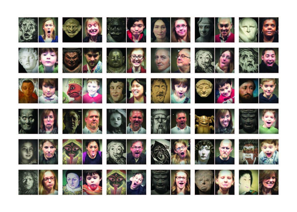 Figure 11: Visitors captured at the "Make a Face" game in the sculpture lens.  Photo courtesy of Local Projects