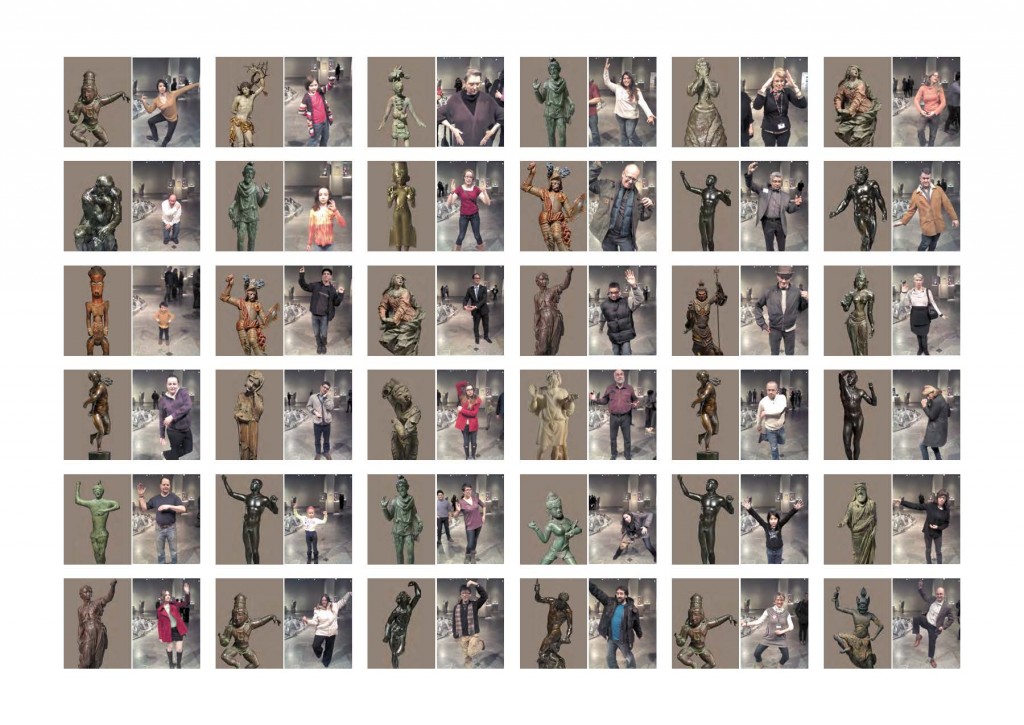 Figure 12: Visitors captured at the "gesture" game in the Sculpture Lens.  Photo courtesy of Local Projects
