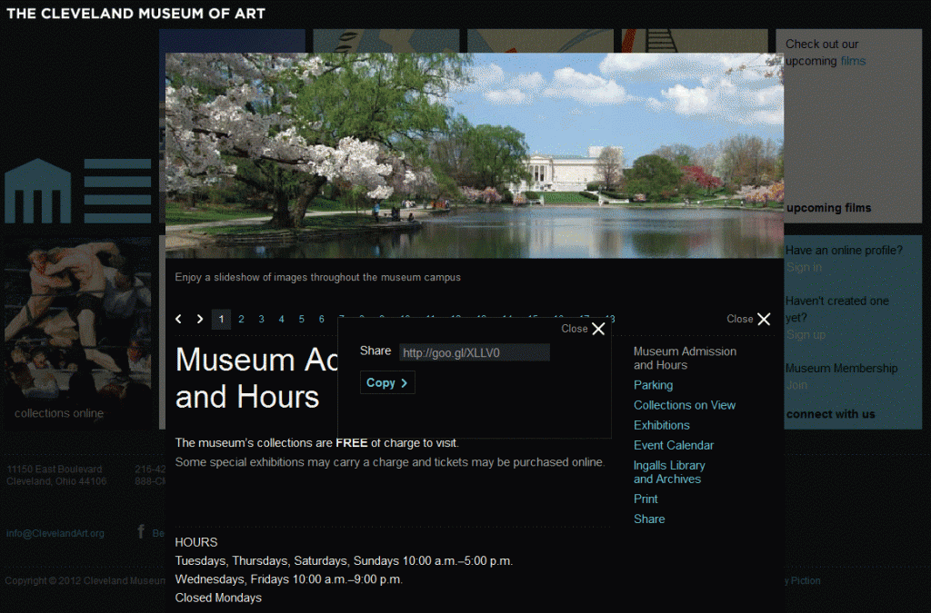 The [Share] pop-up added to Sitecore allowed staff and online visitors to access a short URL for a specific information page. This functionality was not required after the move to the Drupal-based site. Photo by CMA.