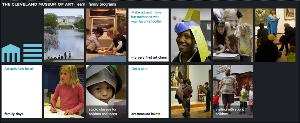 “Where am I going?” Three of the image-only cards on this landing page lead to the same content page (Studio Classes for Children and Teens). Other image-only cards here are blind (lead nowhere). Photo by CMA.