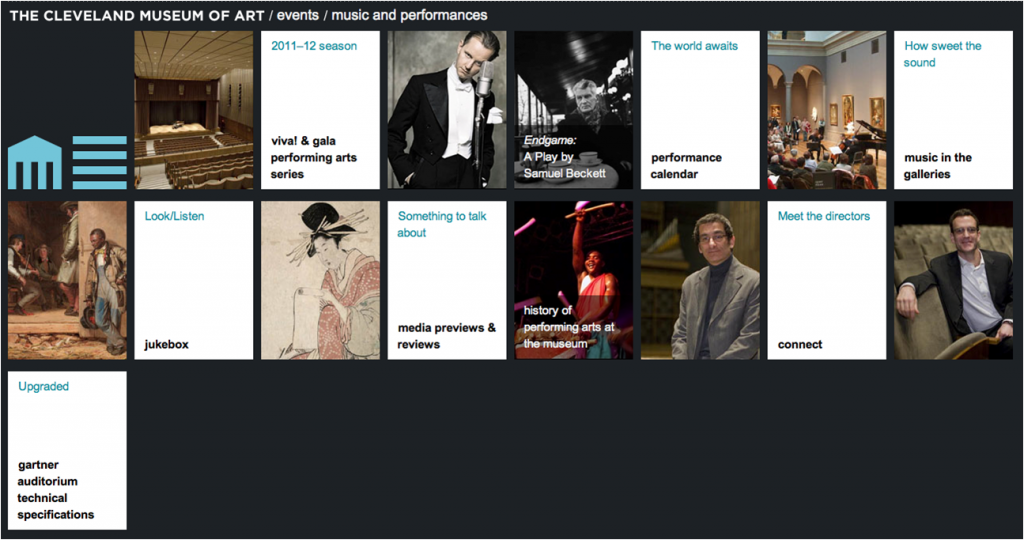 “Why is this even here? What does it have to do with anything?”The art-object cards on this landing page lead to art-object detail pages, completely unrelated to the performing arts content around it. Photo by CMA.