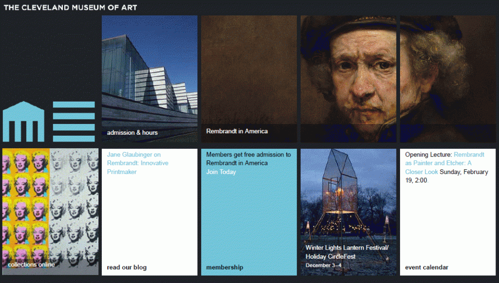 Showing emphasis on the homepage, using a triptych rotator to emphasize major exhibitions. Photo by CMA.