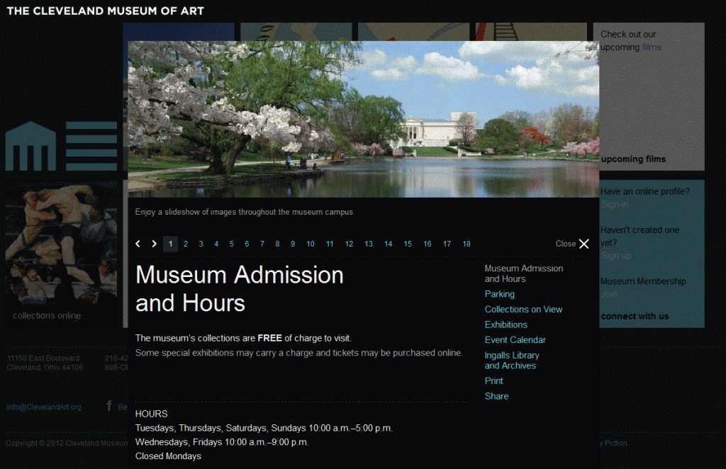 The original pop-up information page design, floating over the landing page. Related materials and share/print are on the right. Note the slide numbers above the page title. Photo by CMA.