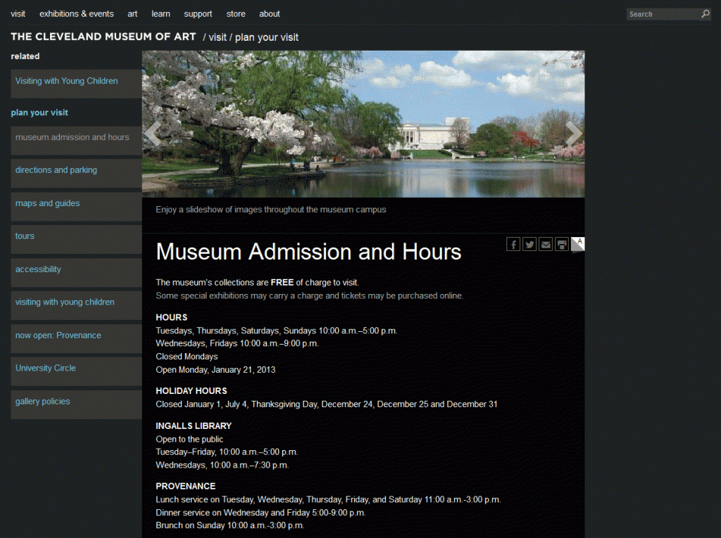 The newly-designed basic information page, with its own URL and left-side navigation for related materials, as well as direct navigation to the parent landing page and all sibling pages. The share/print functionality is now offered via icon. Note the slideshow is not controlled by arrows on either side of the banner. Photo by CMA.