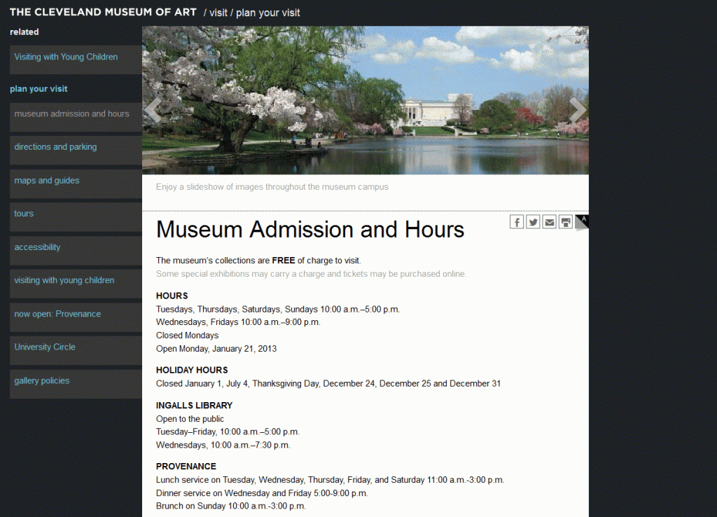 The ‘peel’ icon allows online visitors to toggle text areas from white-on-black to black-on-white, for easier reading. Photo by CMA.