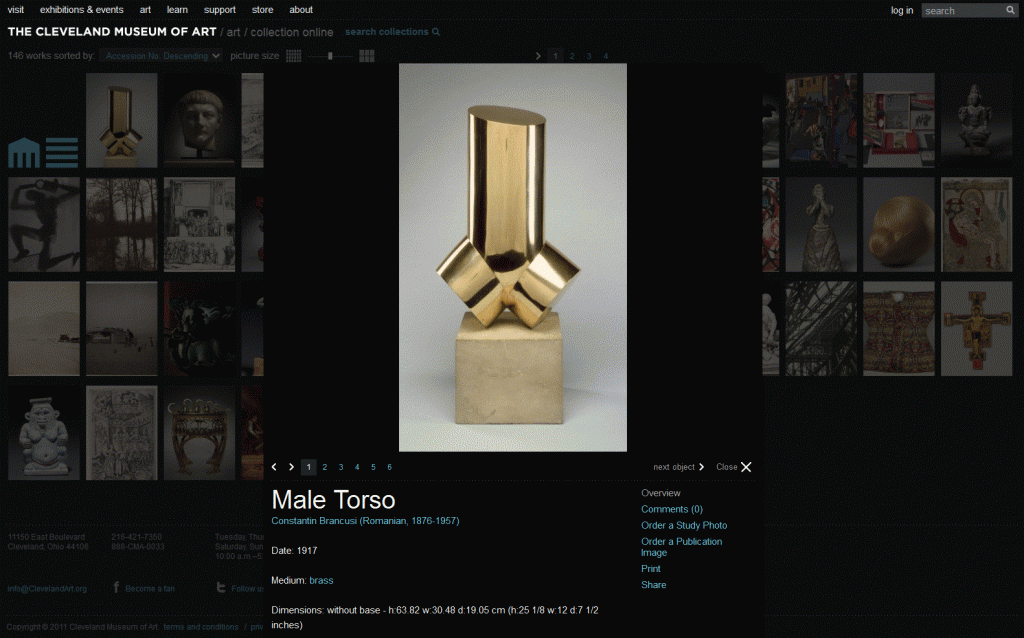“What is it?” The original art-object detail pages used the same pop-up page design, floating over the search results page. The online visitor couldn’t look at the art and see the description at the same time. Photo by CMA.