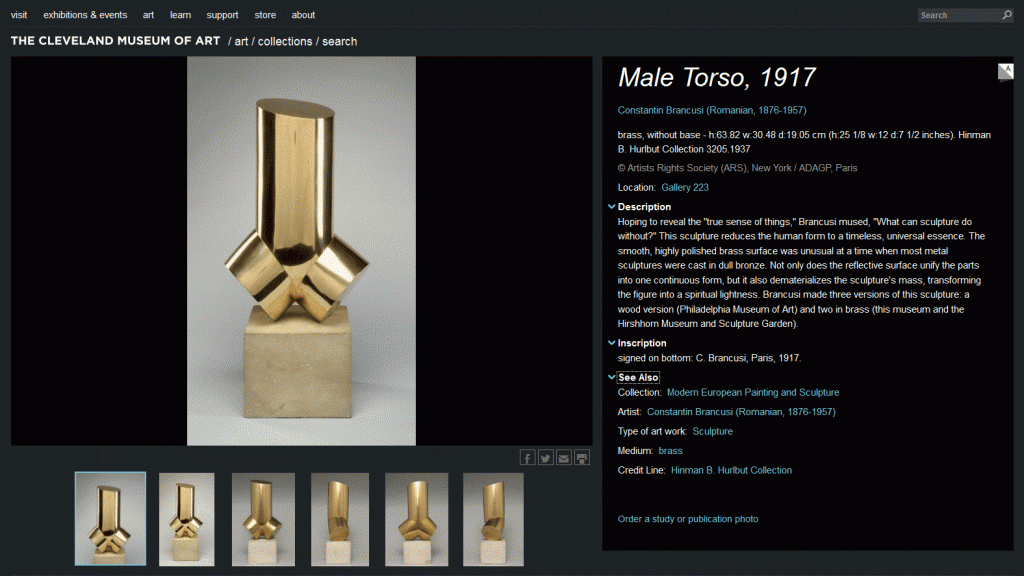 The phase I design for the new art-object information page, as implemented. Art and descriptive information are side-by-side, and the identifying information is concatenated, like a wall label or caption. Description, Inscription, and the See Also links area may be opened/closed. Alternate views of the art are offered as thumbnails in a scroll bar below the image area. Photo by CMA,