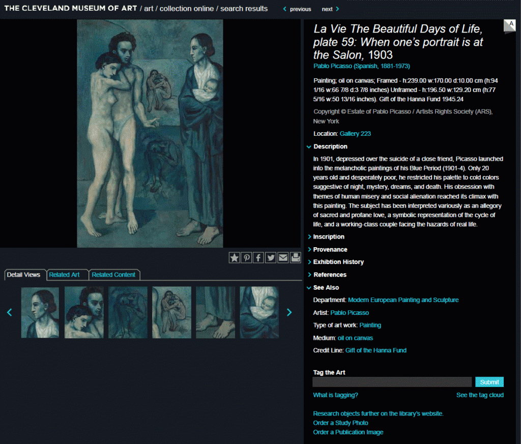 The phase II art-object detail page, as wireframed, showing the related content area (tabbed), tagging interface, and expanded descriptions. Note that when the Description area is closed, the tagger is right next to the art, for easy use. Photo by CMA.